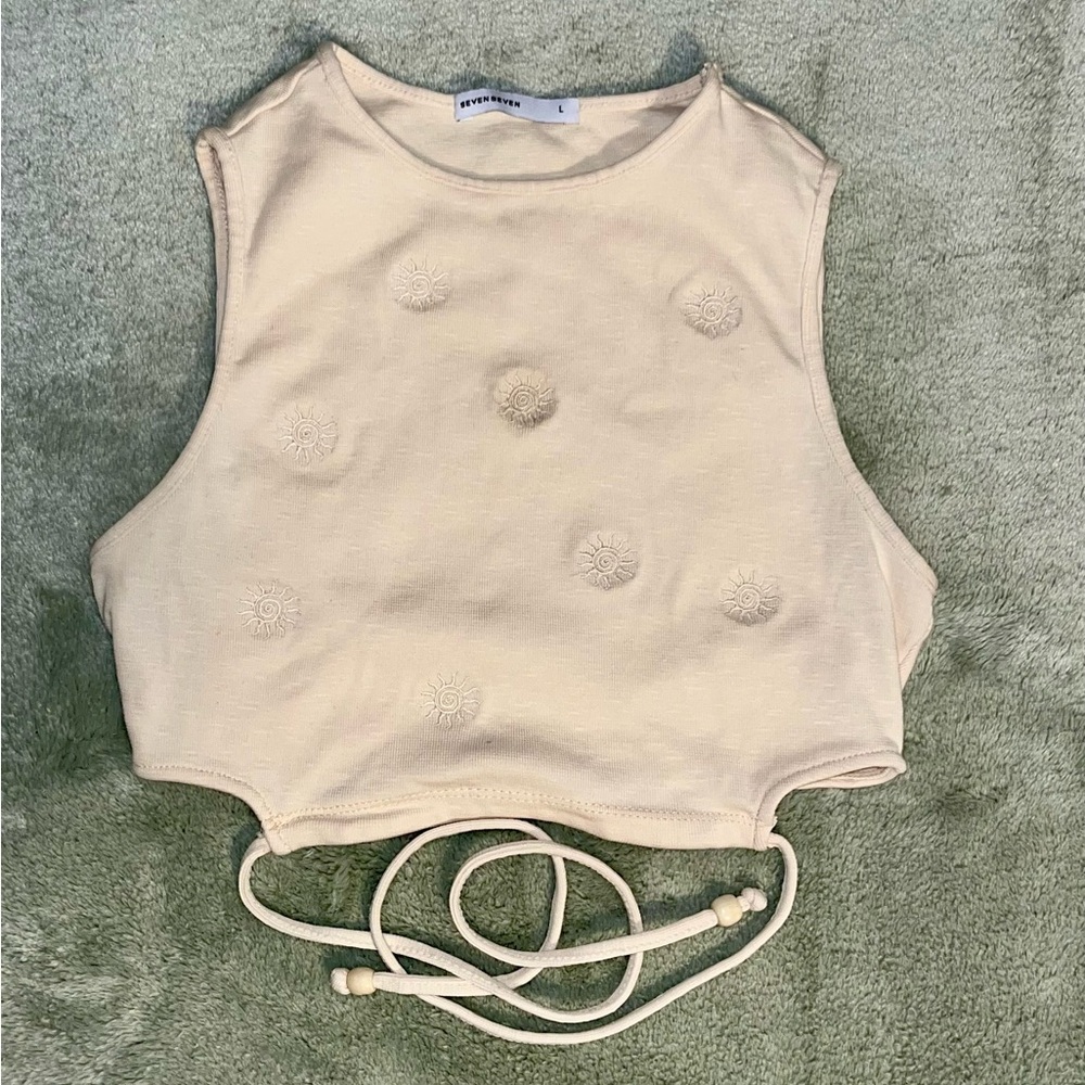 Cream Tank Top with Tie Back Detail and Embroidered Suns